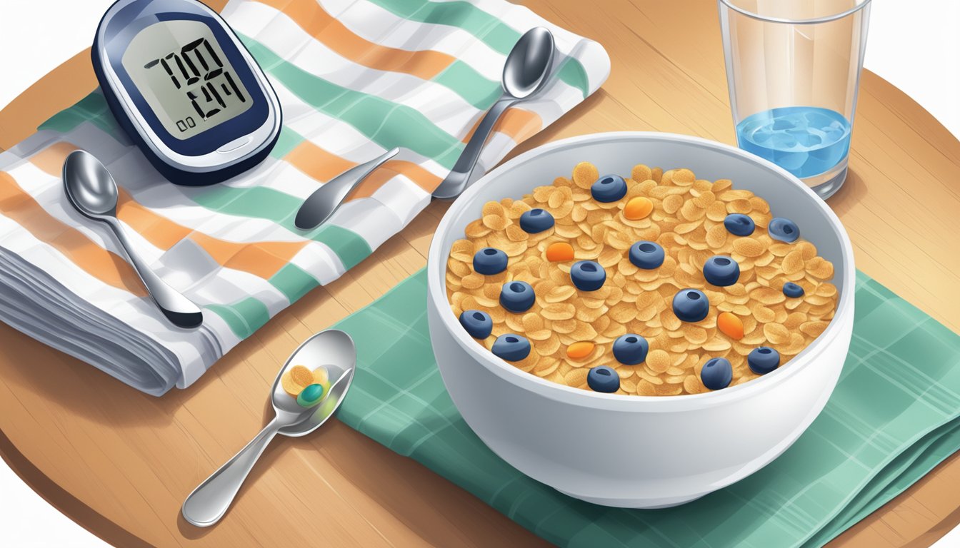 A bowl of Puffins Original cereal with a spoon on a placemat next to a glass of water and a blood glucose monitor