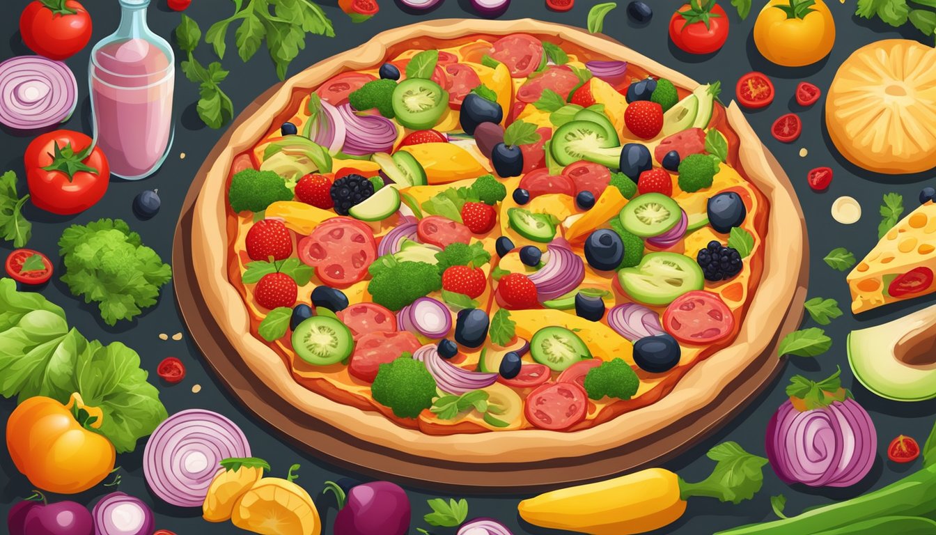 A colorful meat lovers pizza surrounded by various fresh vegetables and fruits