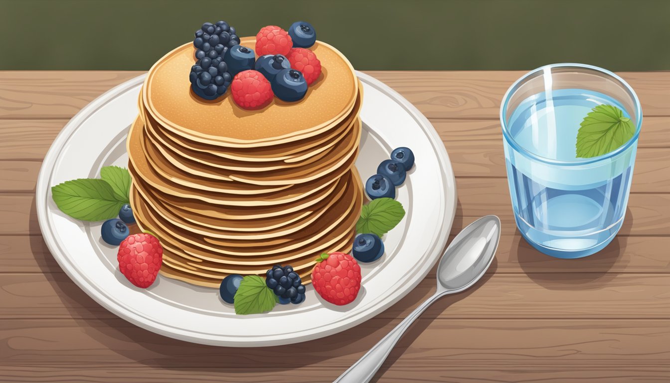 A plate of buckwheat pancakes with a side of fresh berries and a glass of water on a wooden table