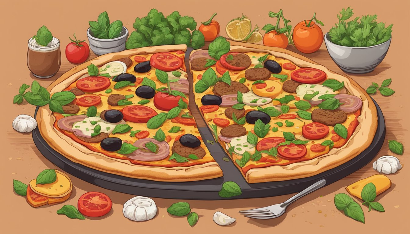 A table with a variety of vegan pizza options, including a meat lovers pizza with plant-based sausage, surrounded by colorful toppings and fresh herbs