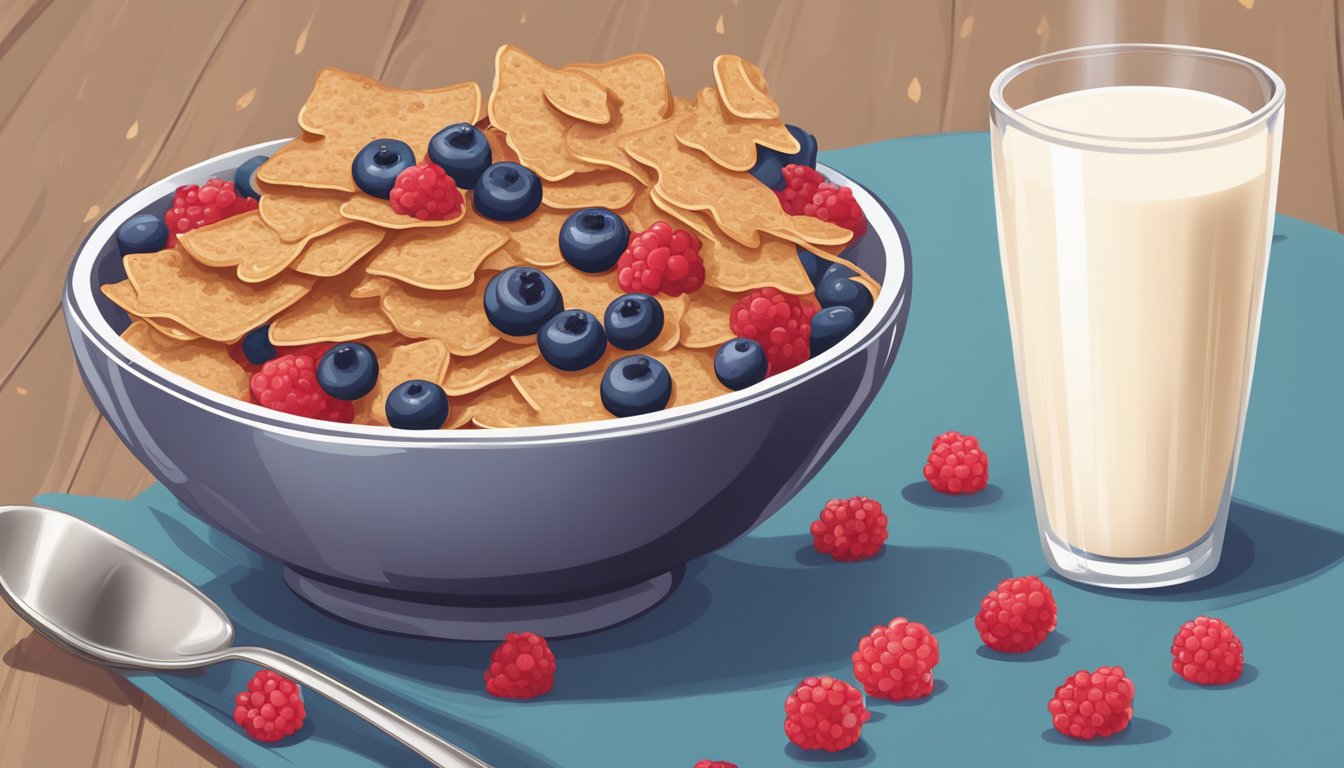 A bowl of Uncle Sam Toasted Whole Wheat Berry Flakes surrounded by fresh berries and a glass of milk on a wooden breakfast table