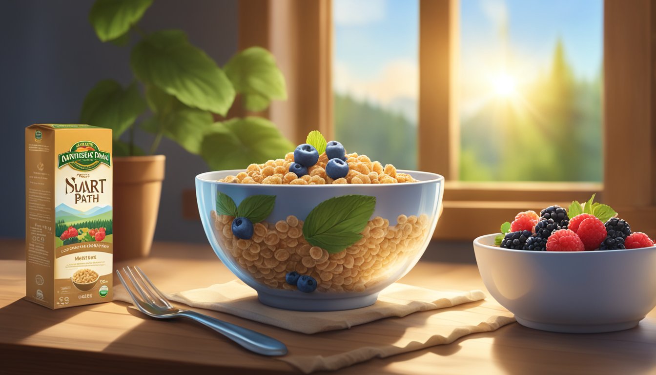 A bowl of Nature's Path Smart Bran cereal sits on a wooden table, surrounded by fresh berries and a glass of milk. Sunlight streams in through a nearby window, casting a warm glow on the scene