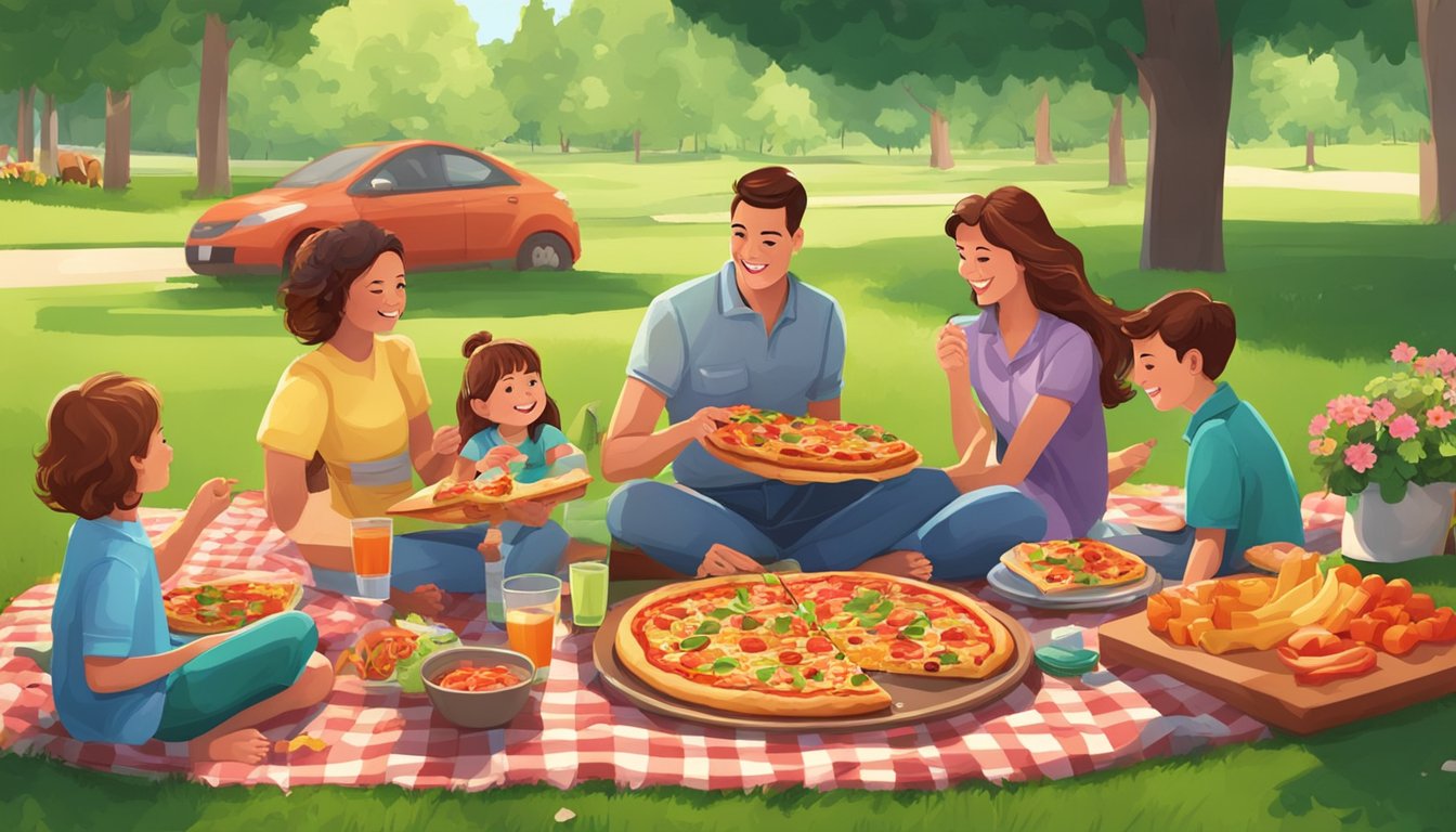 A family picnic with kids enjoying a meat lovers pizza, surrounded by a lush green park and colorful blankets