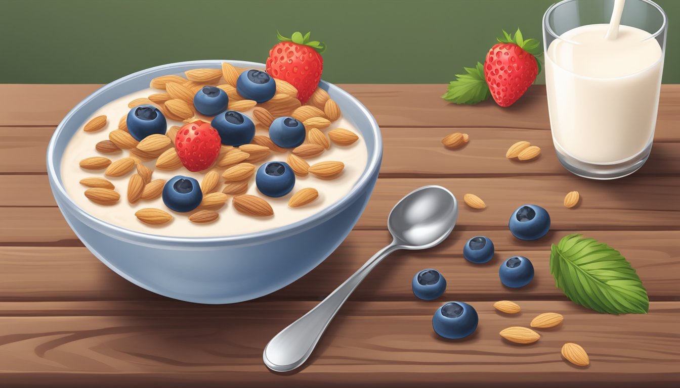 A bowl of Great Grains Protein Blend cereal with fresh berries and a glass of almond milk on a wooden table