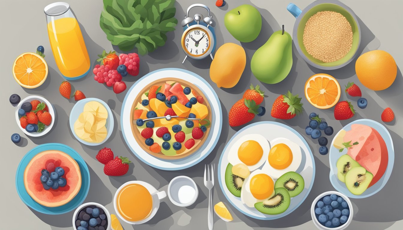 A bright kitchen table set with a colorful array of energizing breakfast foods, including fruits, whole grains, and protein-rich options, with a clock showing the ideal timing for managing gestational diabetes