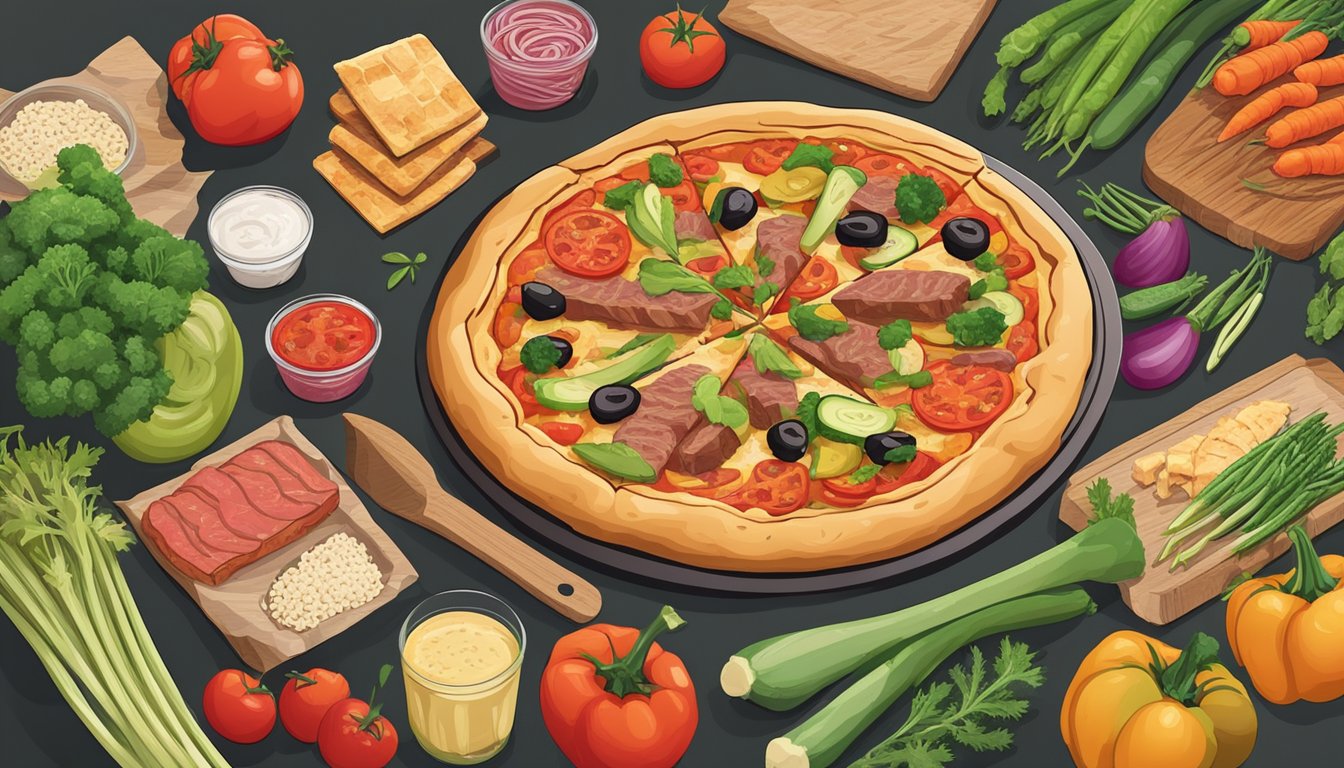 A table with a meat lovers pizza surrounded by various fresh vegetables and plant-based meat alternatives, with a vegan certification sticker on the box