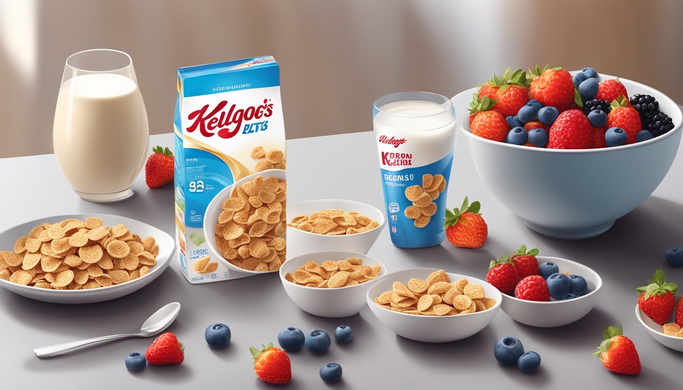 A bowl of Kellogg's Special K Protein cereal surrounded by fresh berries and a glass of milk on a breakfast table