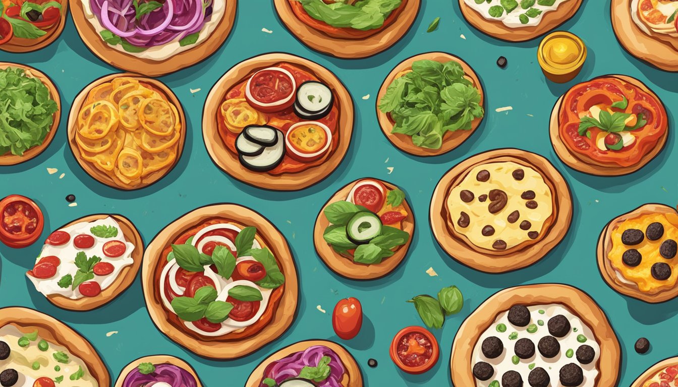 A colorful array of pizza bagels with various vegan toppings and sauces spread out on a table, showcasing customization and variation