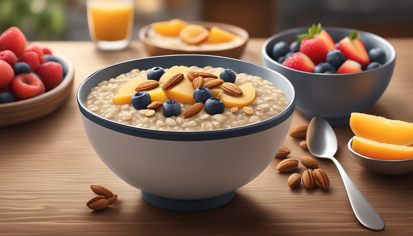 A bowl of Quaker Oats Steel Cut Oatmeal with fresh fruit and nuts on a wooden table, surrounded by a warm, cozy kitchen setting