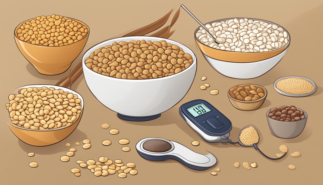 A bowl of Cheerios Multi Grain surrounded by whole grain ingredients and a blood sugar monitor