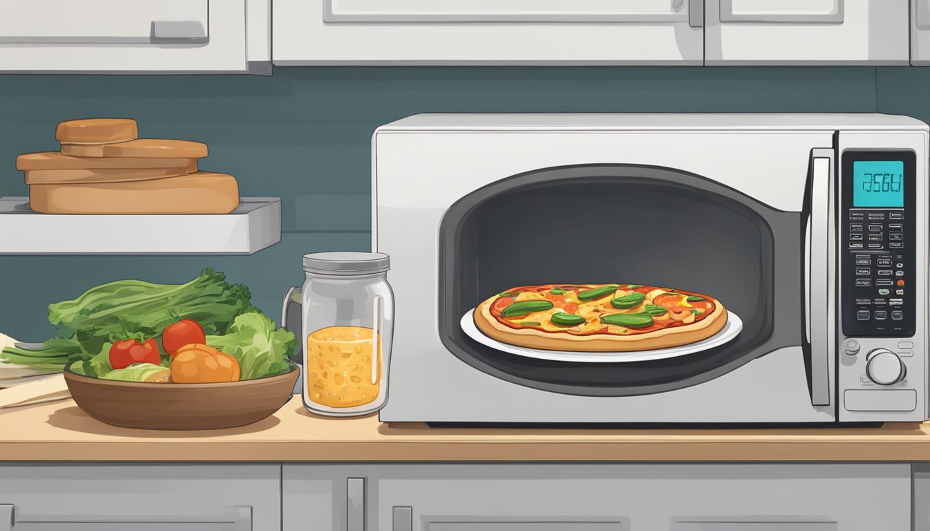 A pizza bagel sits on a plate next to a microwave. Steam rises as the bagel is reheated. A container of vegan cheese and veggies sits nearby