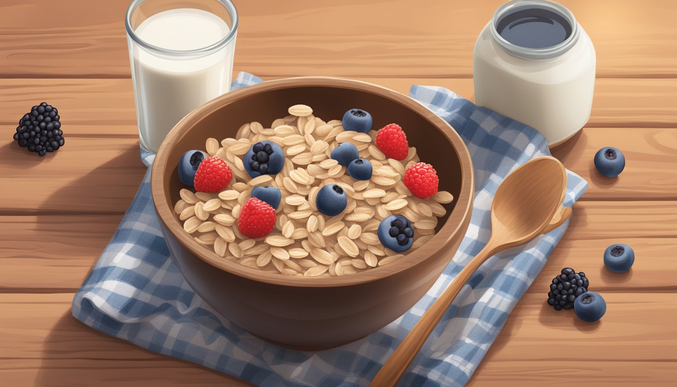 A bowl of Bob's Red Mill Organic Oat Bran cereal with fresh berries and a glass of milk on a wooden table