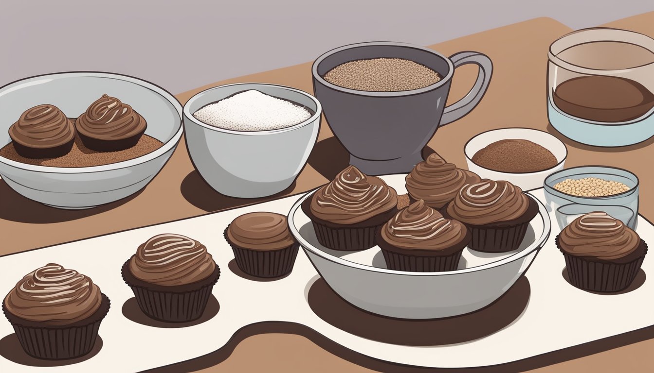 A mixing bowl filled with cocoa powder, almond milk, and flaxseed, surrounded by measuring cups of sugar and flour, next to a tray of freshly baked vegan chocolate cupcakes