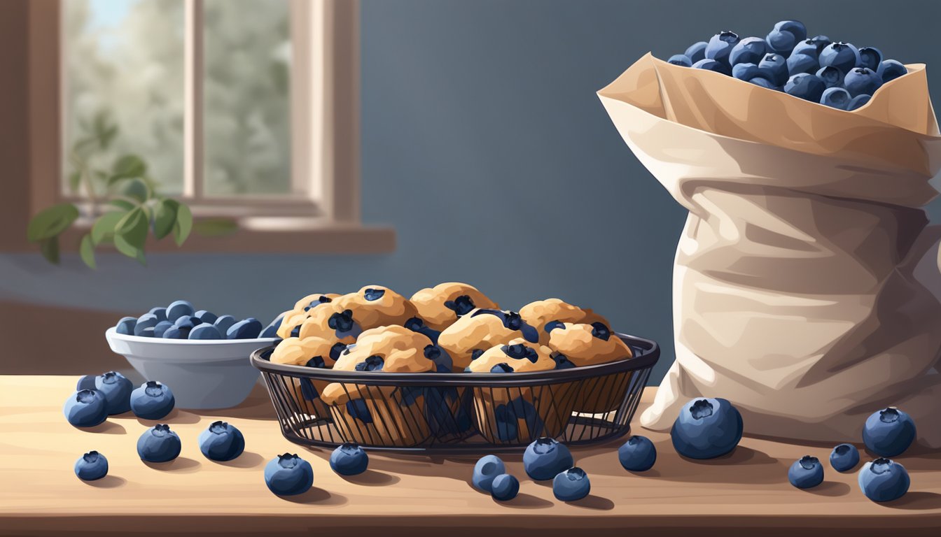 A pile of fresh blueberries sits next to a bag of frozen blueberries. A batch of blueberry muffins cools on a wire rack