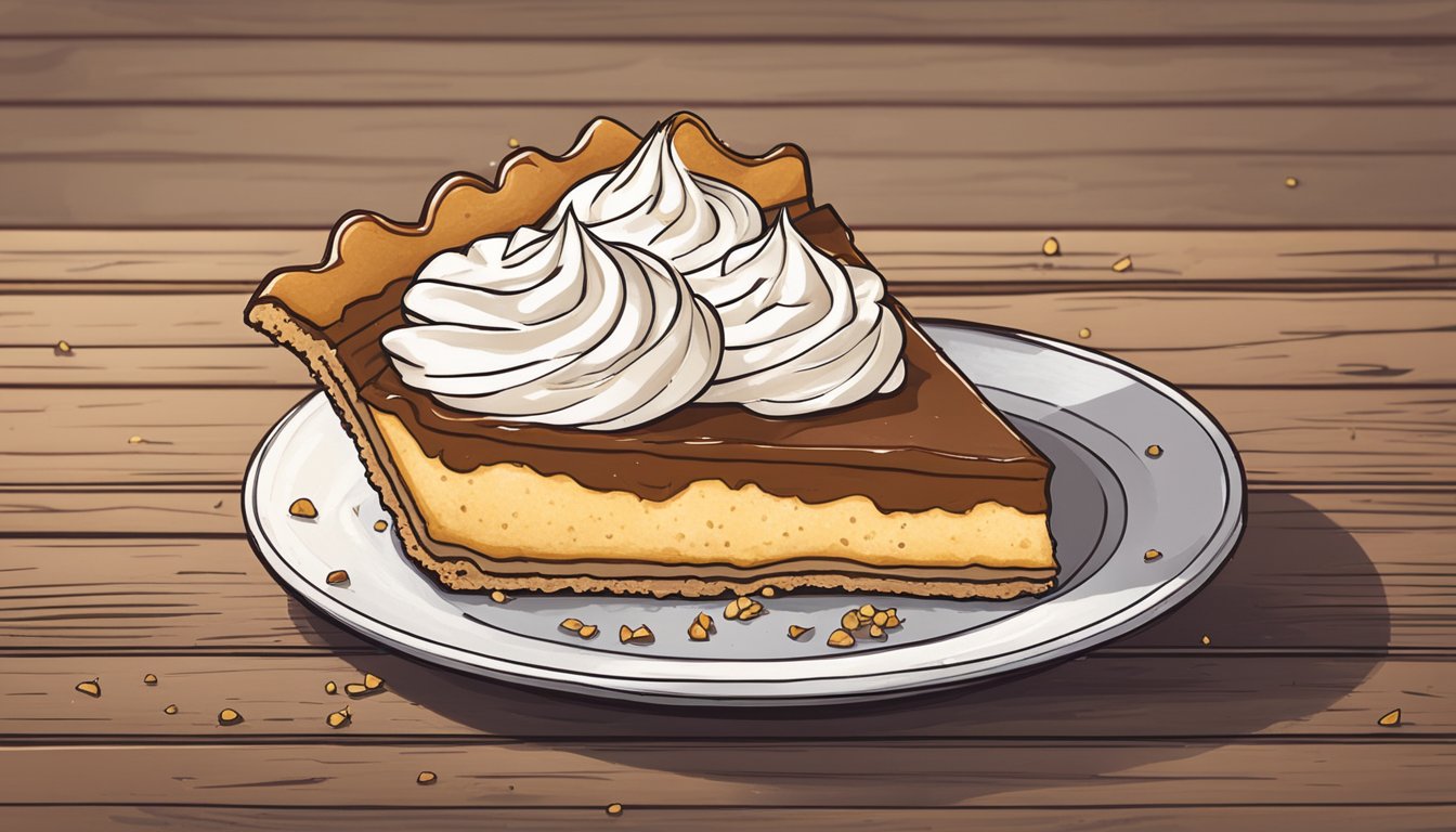 A slice of crack pie sits on a rustic wooden table, surrounded by scattered crumbs and a dollop of whipped cream