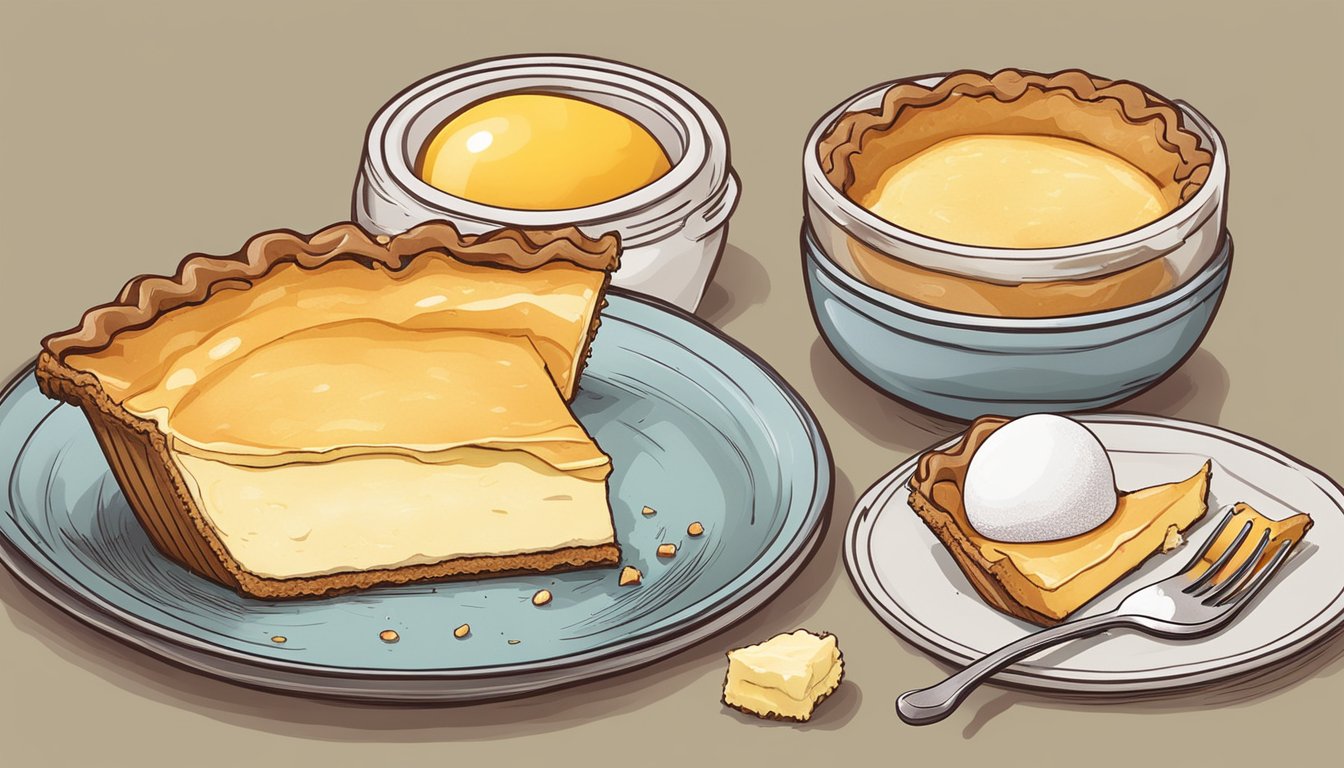 A slice of crack pie surrounded by ingredients like butter, sugar, and eggs