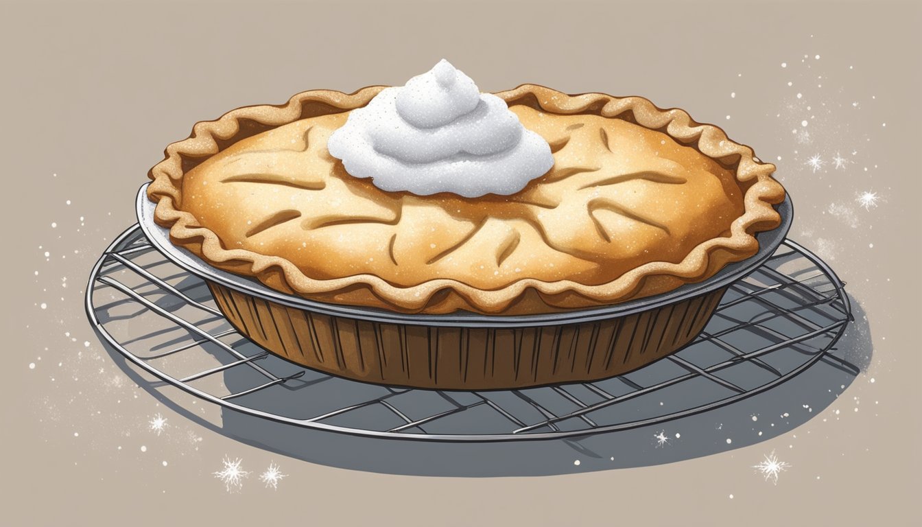 A pie cooling on a wire rack, with a golden brown crust and a gooey filling oozing out. A scattering of powdered sugar on top