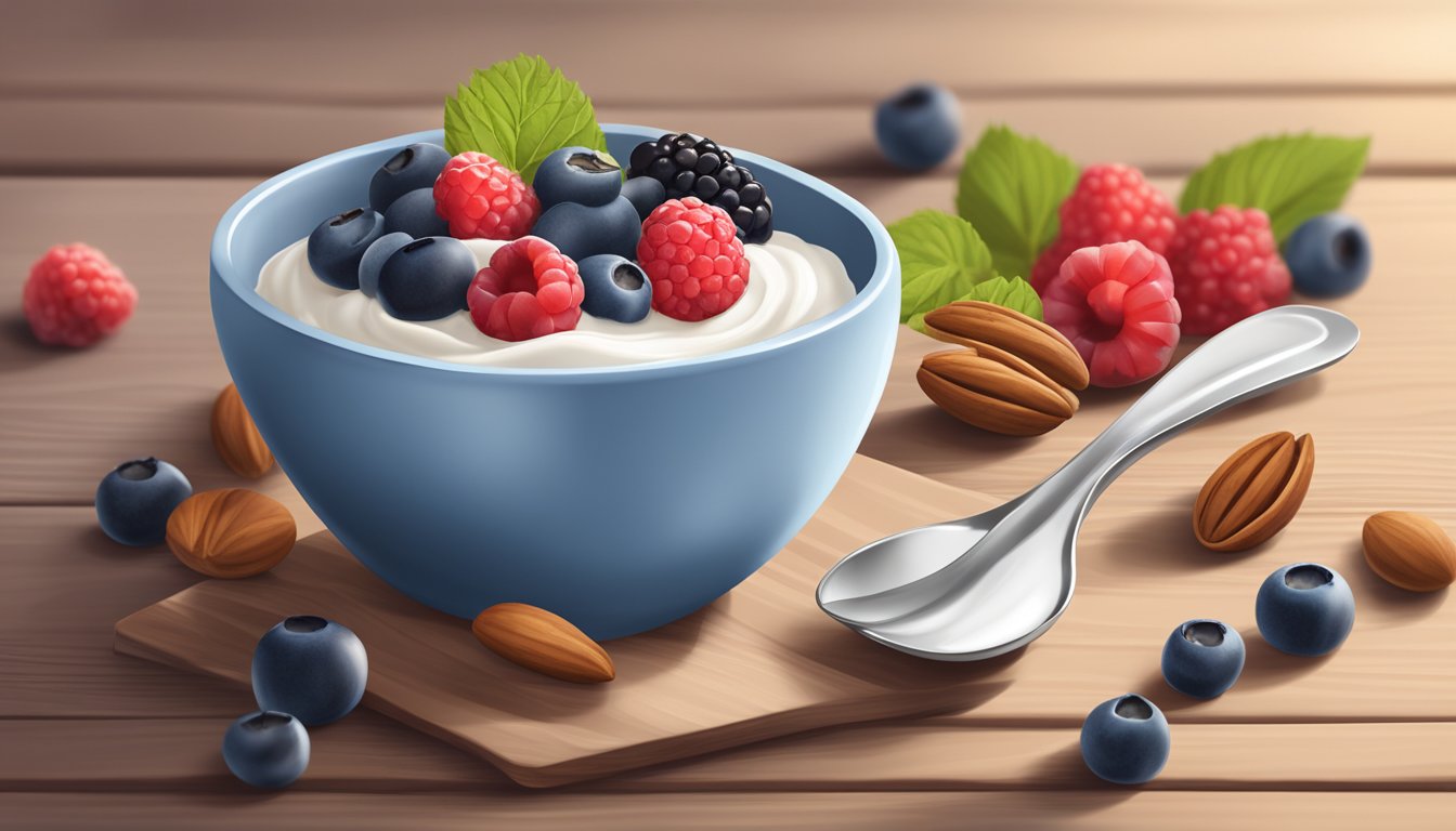 A bowl of Chobani Greek Yogurt surrounded by fresh berries and nuts on a wooden table