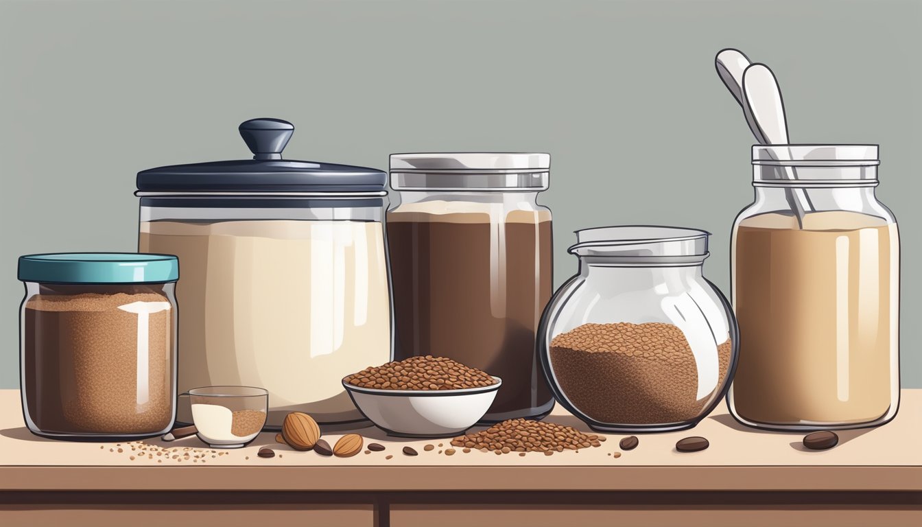 A kitchen counter with a variety of vegan baking ingredients and utensils, including cocoa powder, almond milk, flaxseed, and a mixing bowl