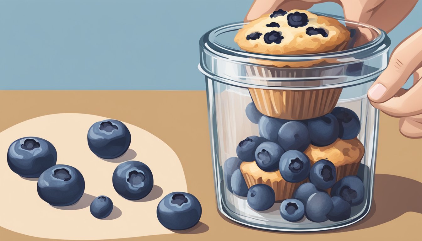 A hand placing a blueberry muffin into a glass container with a lid, next to a bowl of fresh blueberries