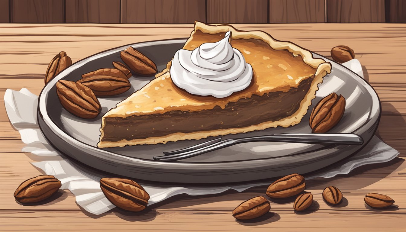 A slice of crack pie sits on a rustic wooden table, surrounded by a scattering of pecans and a dollop of coconut whipped cream