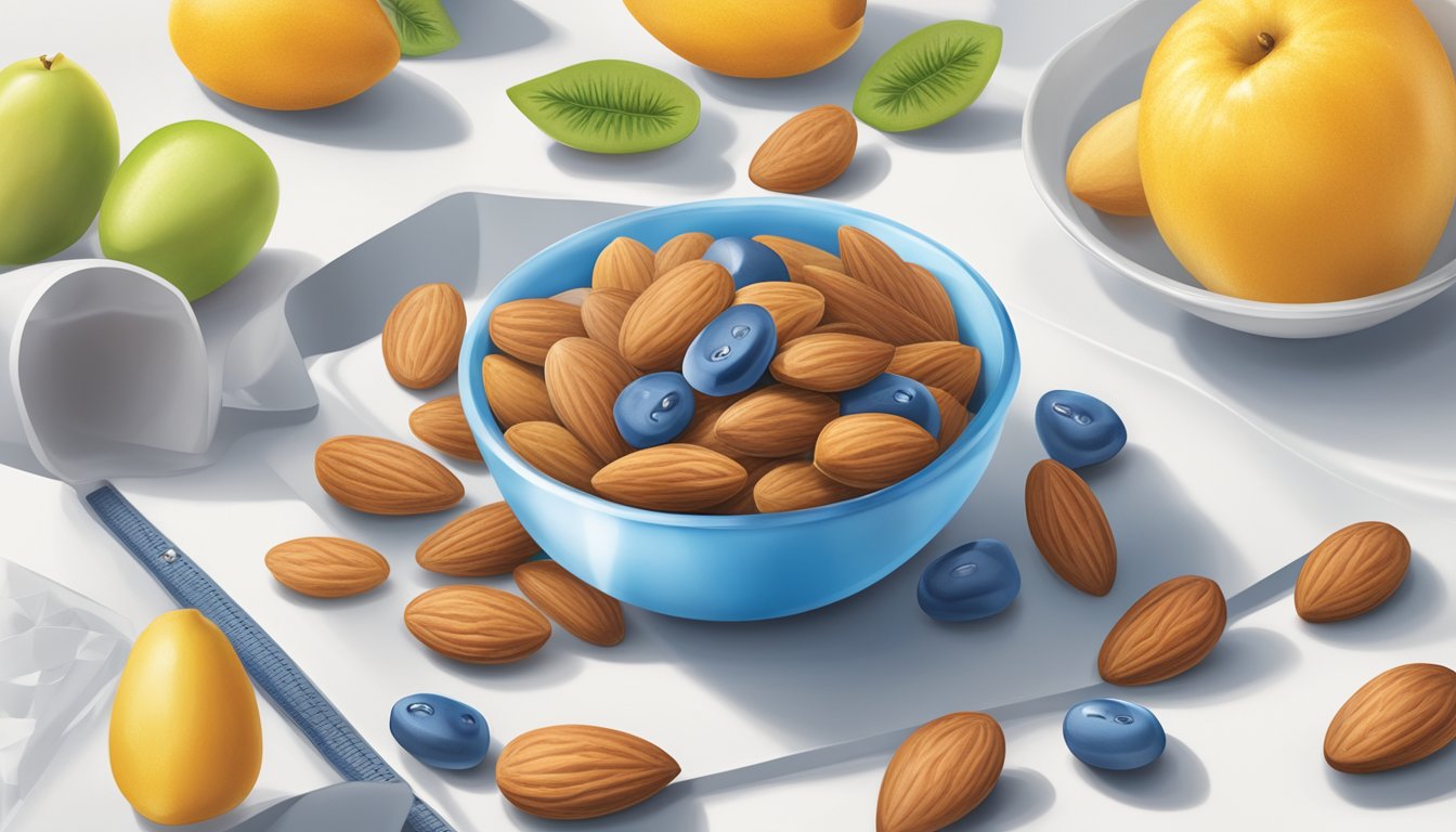 A bowl of Blue Diamond Almonds (Lightly Salted) surrounded by fresh fruits and a glucose monitor on a clean, white table