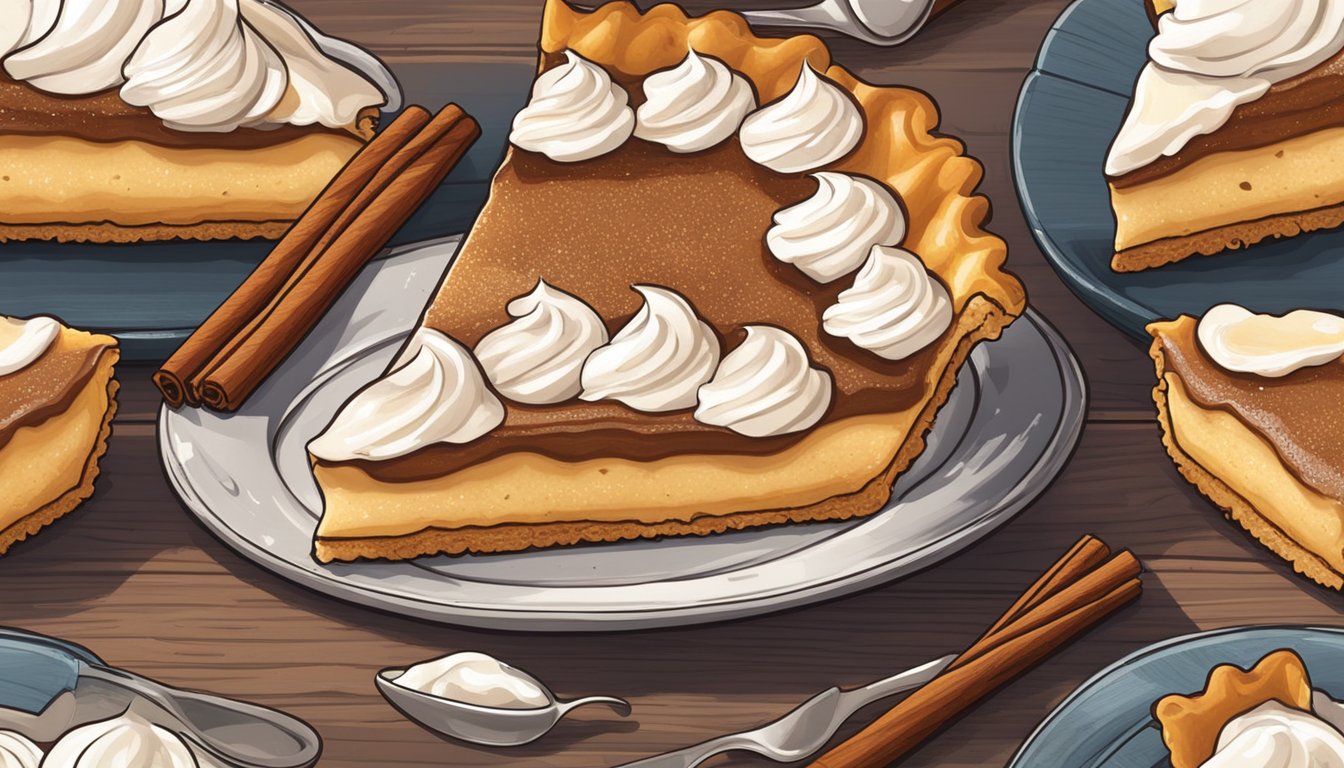 A slice of crack pie on a rustic wooden serving board with a small dollop of whipped cream and a sprinkle of cinnamon on top