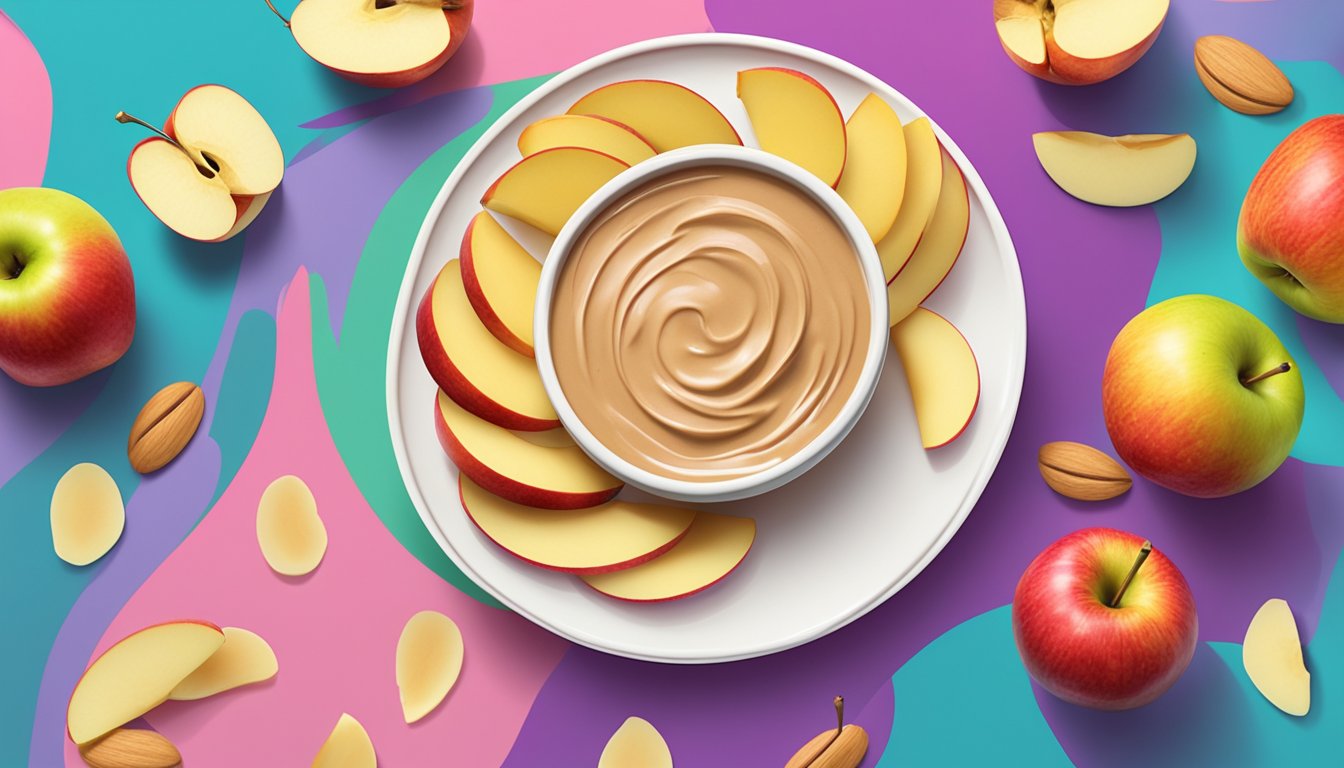 A plate of apple slices arranged around a dollop of almond butter, with a playful and colorful background