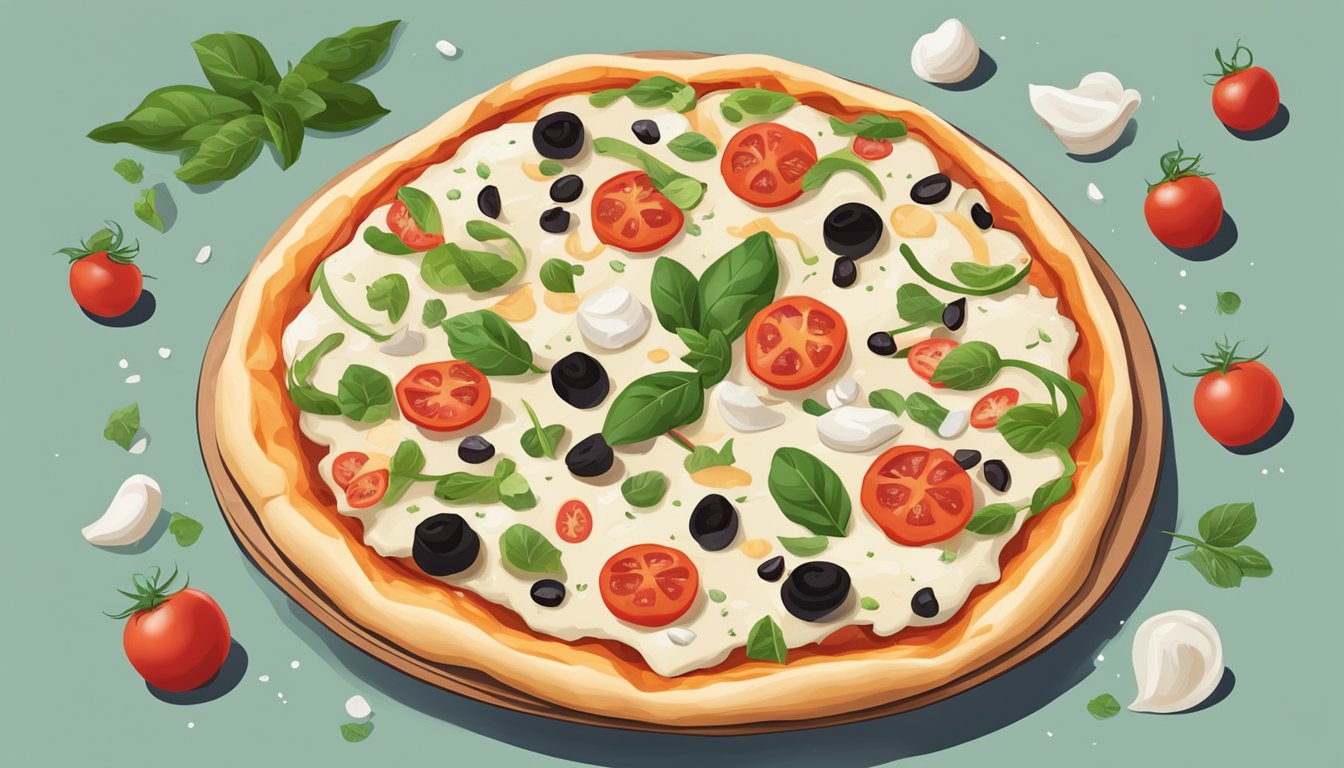 A white pizza with vegan toppings on a clean, minimalist background