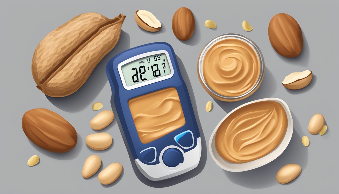 A peanut butter squeeze pack surrounded by nuts and a blood glucose monitor