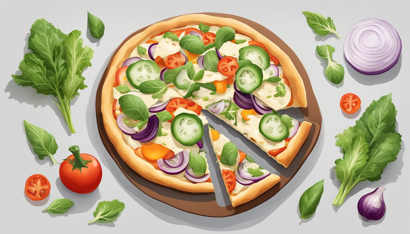 A white pizza topped with fresh vegetables and vegan cheese