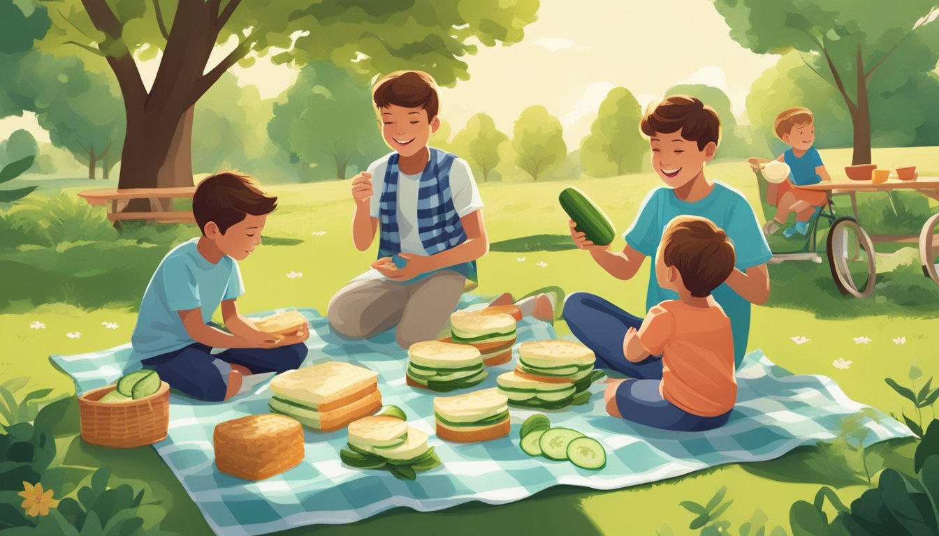 A picnic blanket spread with cucumber sandwiches and cream cheese, surrounded by happy children playing in a sunny park