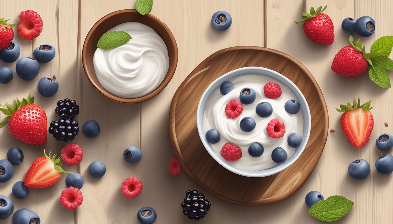 A bowl of Siggi's Skyr Yogurt (Vanilla, Low-Sugar) surrounded by fresh berries and a sprinkle of nuts on a wooden table