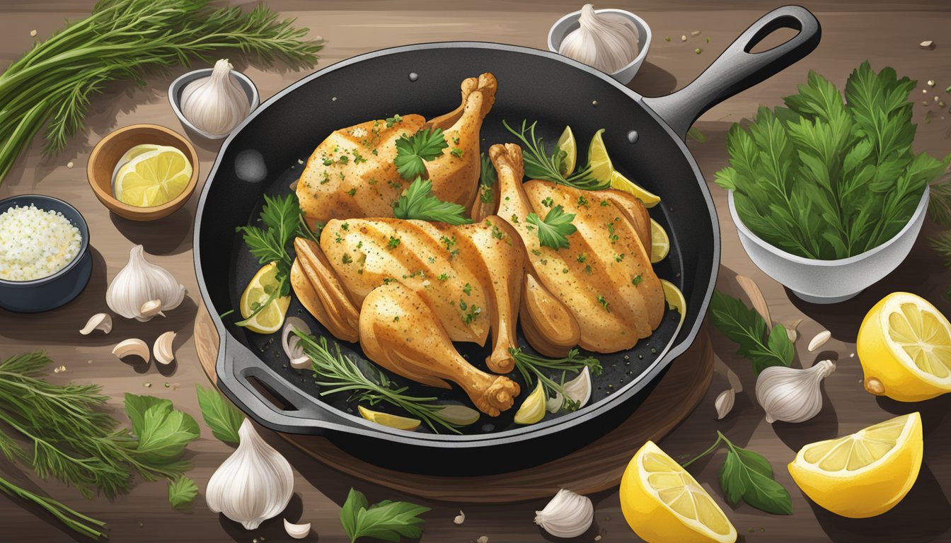 A sizzling skillet with garlic and lemon herb chicken surrounded by fresh herbs and spices