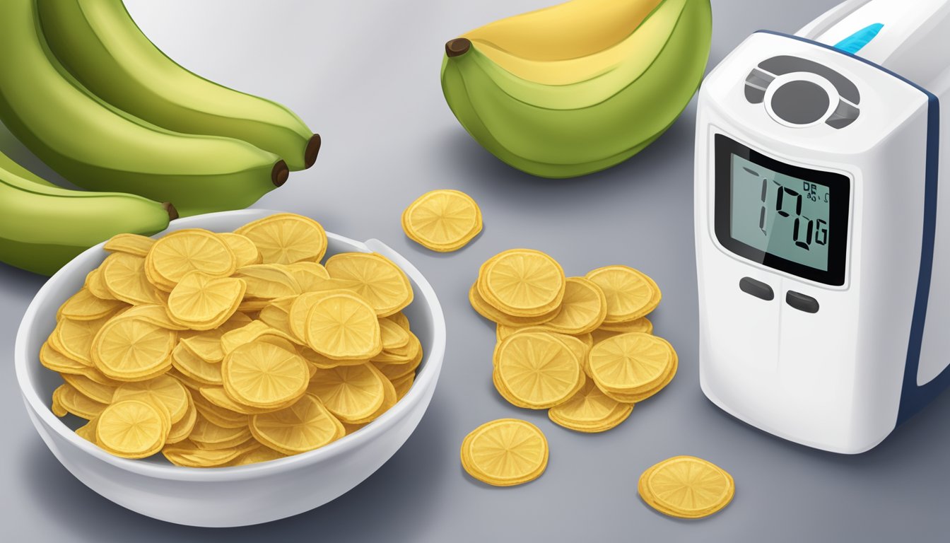 A bowl of Turbana Plantain Chips sits next to a glucometer and a piece of fruit, with a glass of water in the background