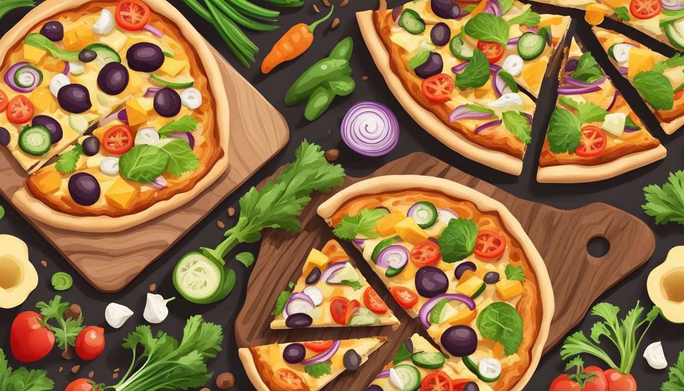 A colorful bbq chicken pizza with vegan cheese and a variety of fresh vegetables on a wooden cutting board