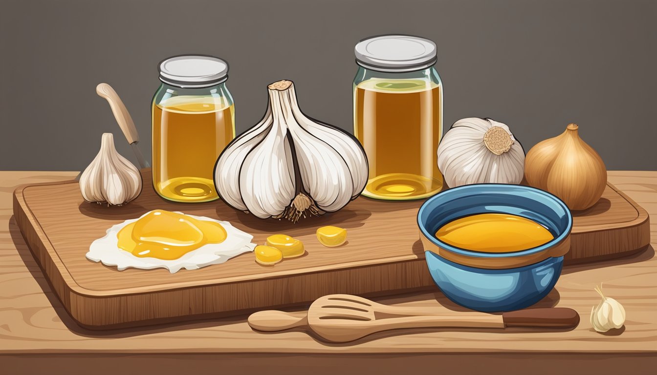 A wooden cutting board with a head of garlic, a jar of honey, and various cooking utensils scattered around