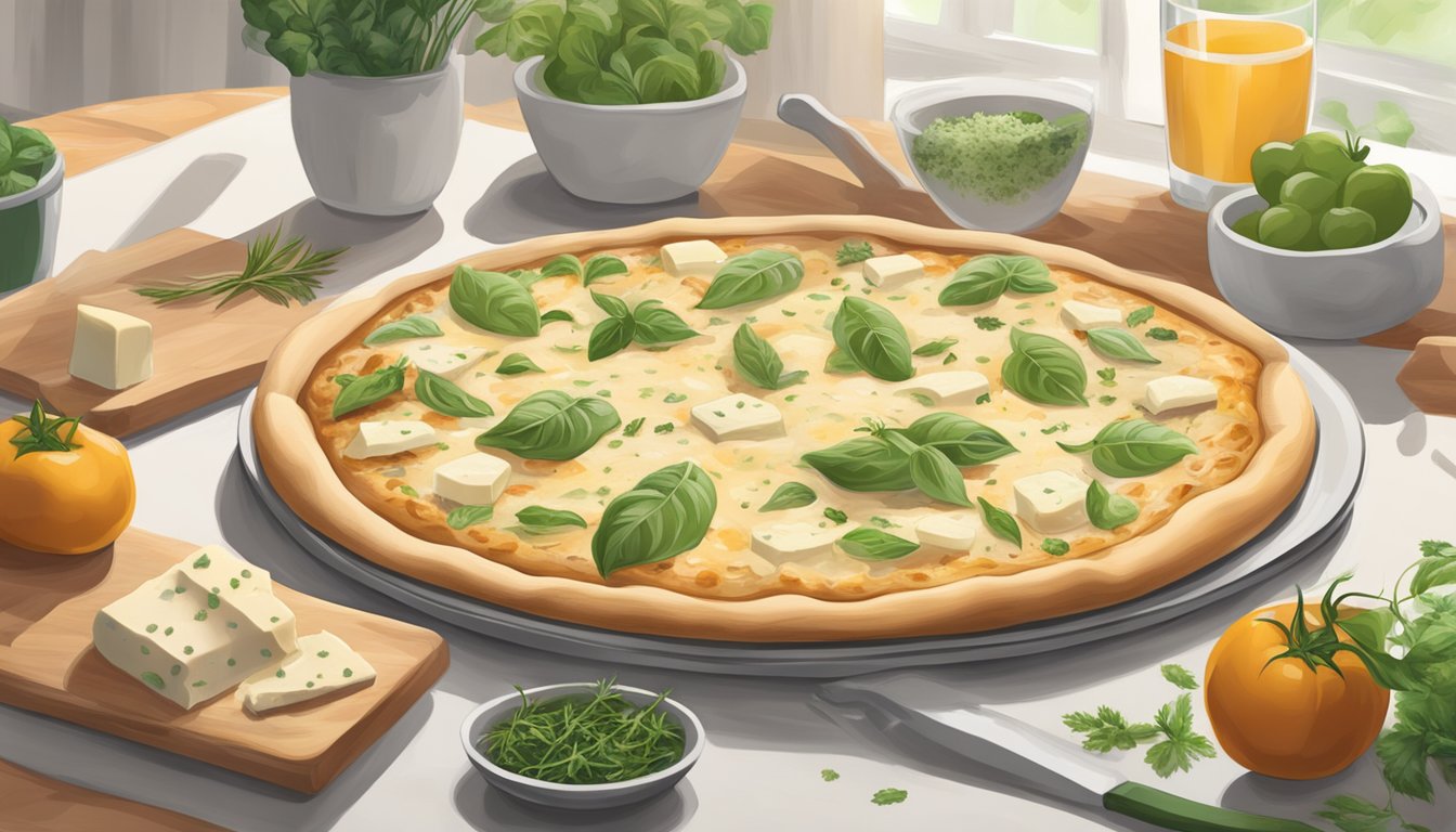 A freshly baked white pizza topped with vegan cheese and herbs