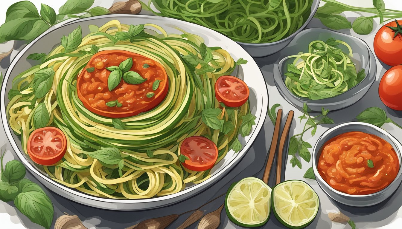 A colorful plate of zucchini noodles topped with tomato sauce, surrounded by vibrant vegetables and herbs