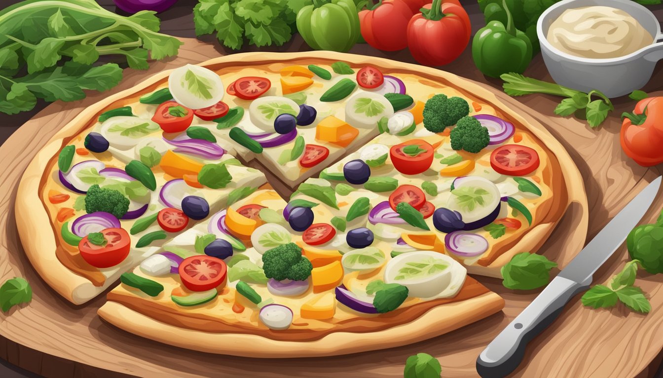 A white pizza with a variety of colorful vegetables and vegan cheese, placed on a wooden cutting board