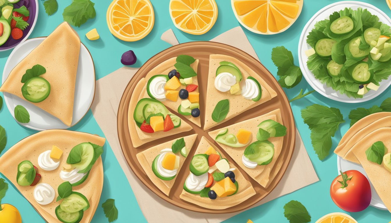 A colorful spread of whole wheat pita pockets filled with hummus, surrounded by fresh veggies and fruits, on a bright and inviting table setting