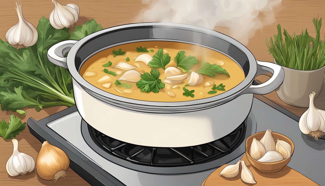 A pot of caramelized garlic soup simmering on a stovetop surrounded by fresh garlic bulbs, herbs, and other ingredients