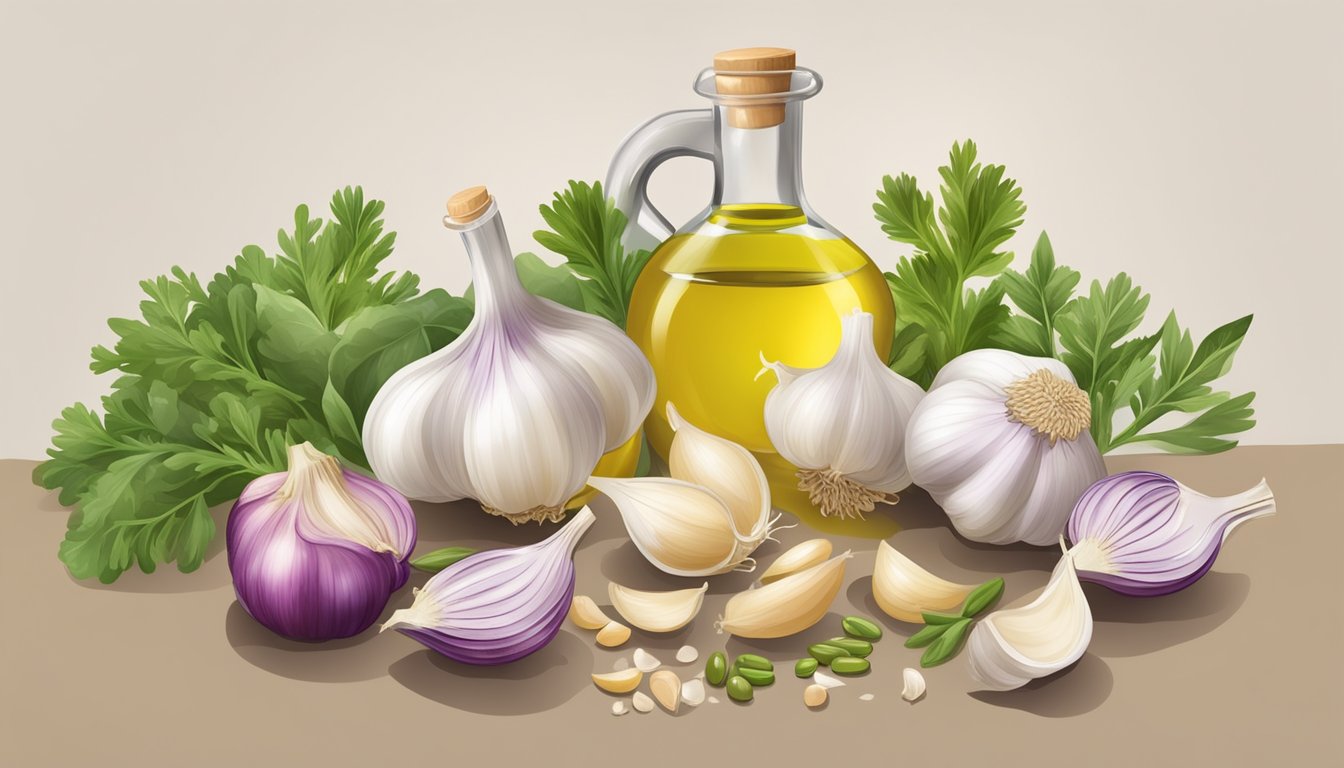 Garlic cloves being crushed and mixed with various ingredients in a kitchen, including herbs, vegetables, and olive oil