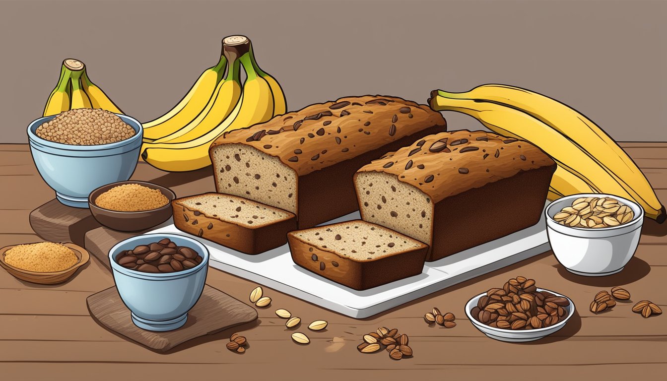 A table with a freshly baked banana bread, surrounded by various ingredients like nuts, chocolate chips, and spices, indicating different flavor options and variations