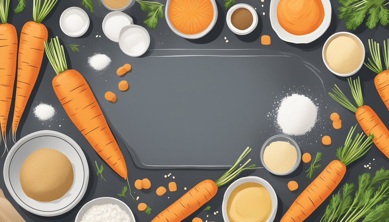 A table with fresh carrots, flour, sugar, and vegan substitutes, surrounded by kitchen utensils and a recipe book