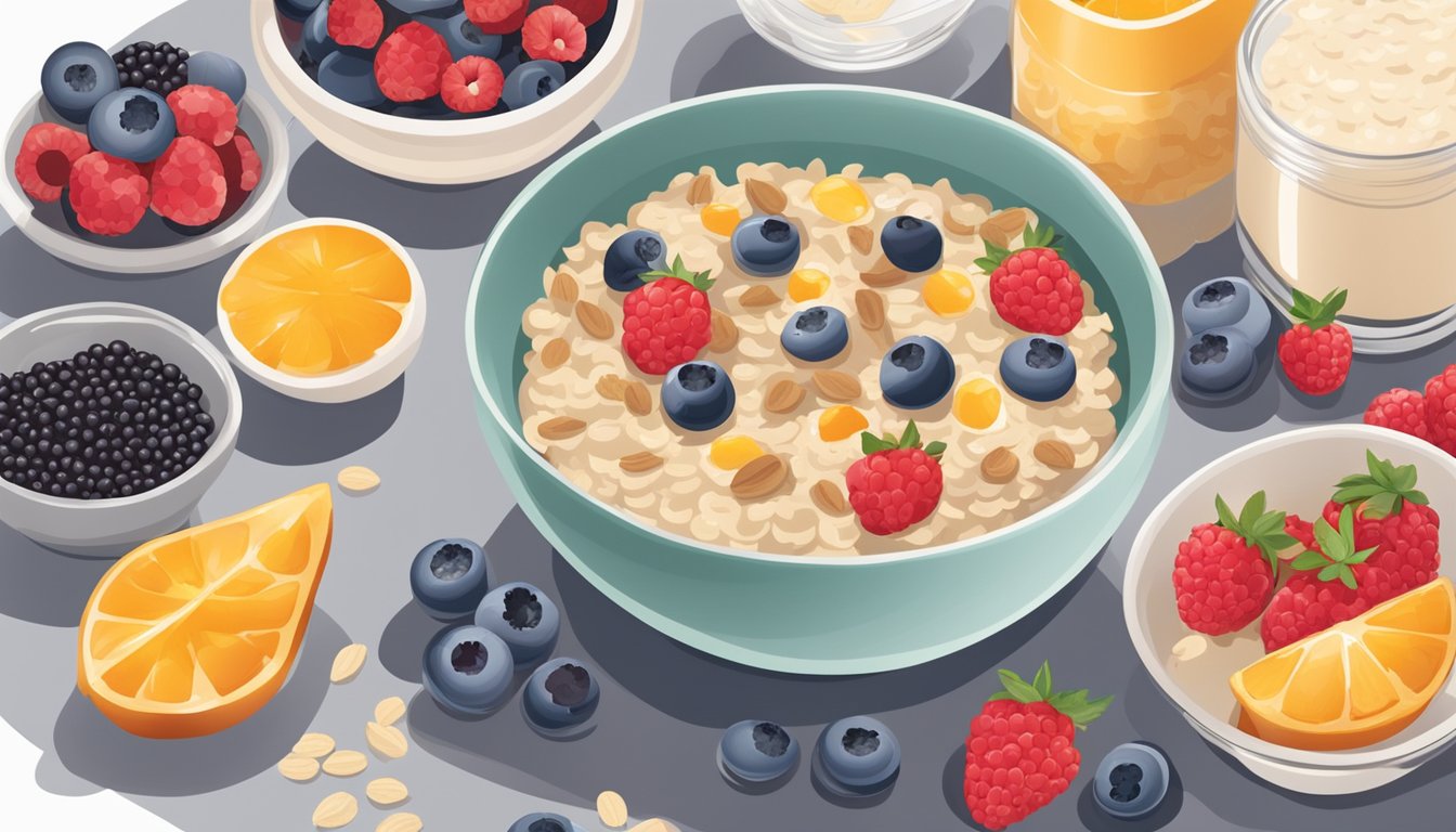 A bowl of oatmeal topped with fresh berries, surrounded by a variety of breakfast options