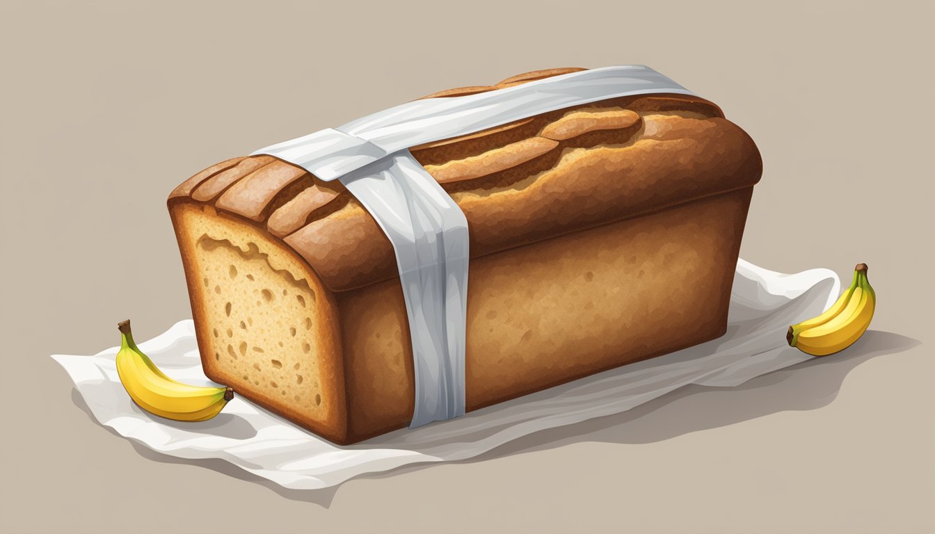 A loaf of banana bread wrapped in parchment paper and placed inside a freezer