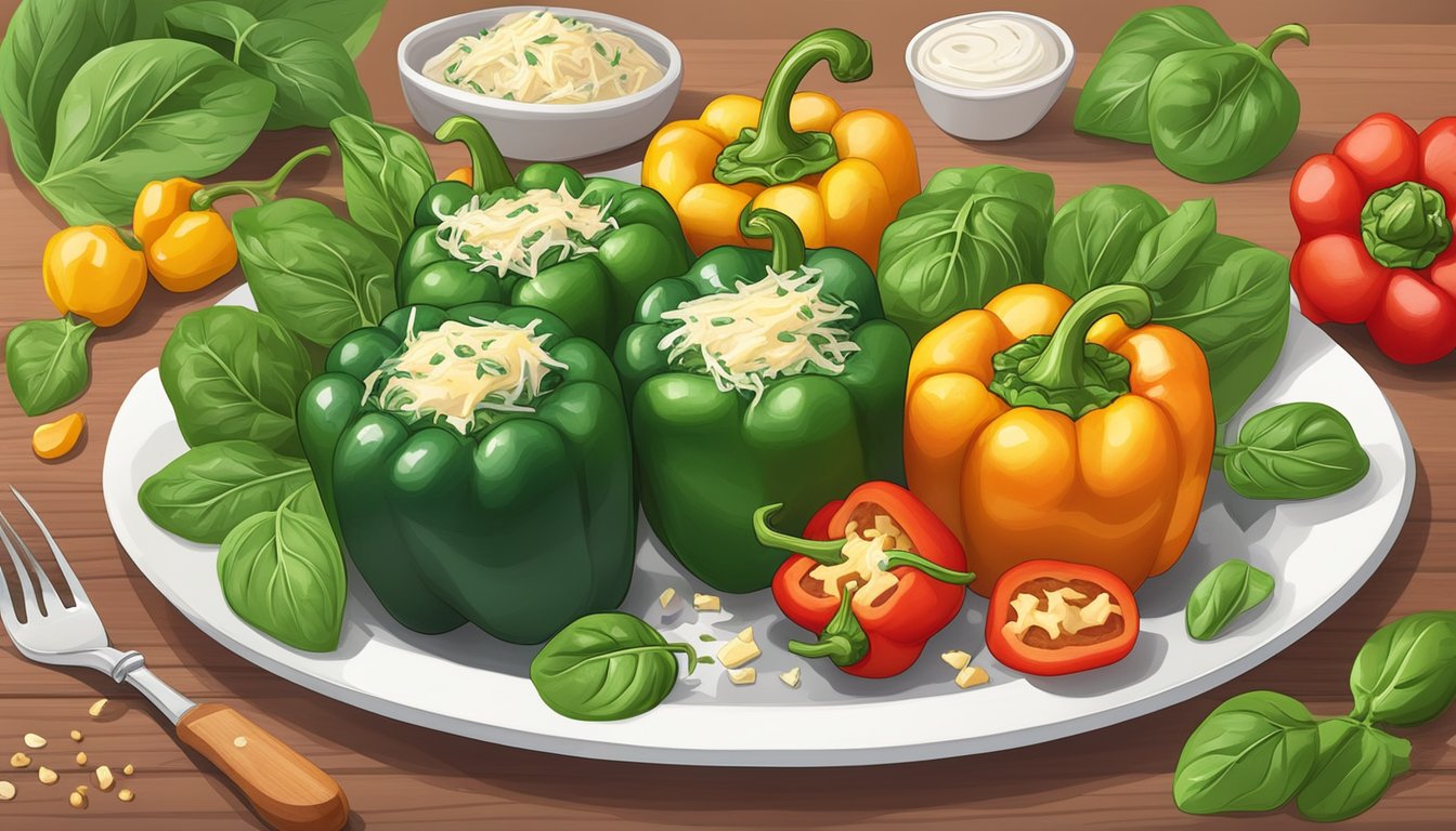 A colorful array of stuffed peppers filled with spinach and cheese, surrounded by fresh spinach leaves and other low-carb ingredients