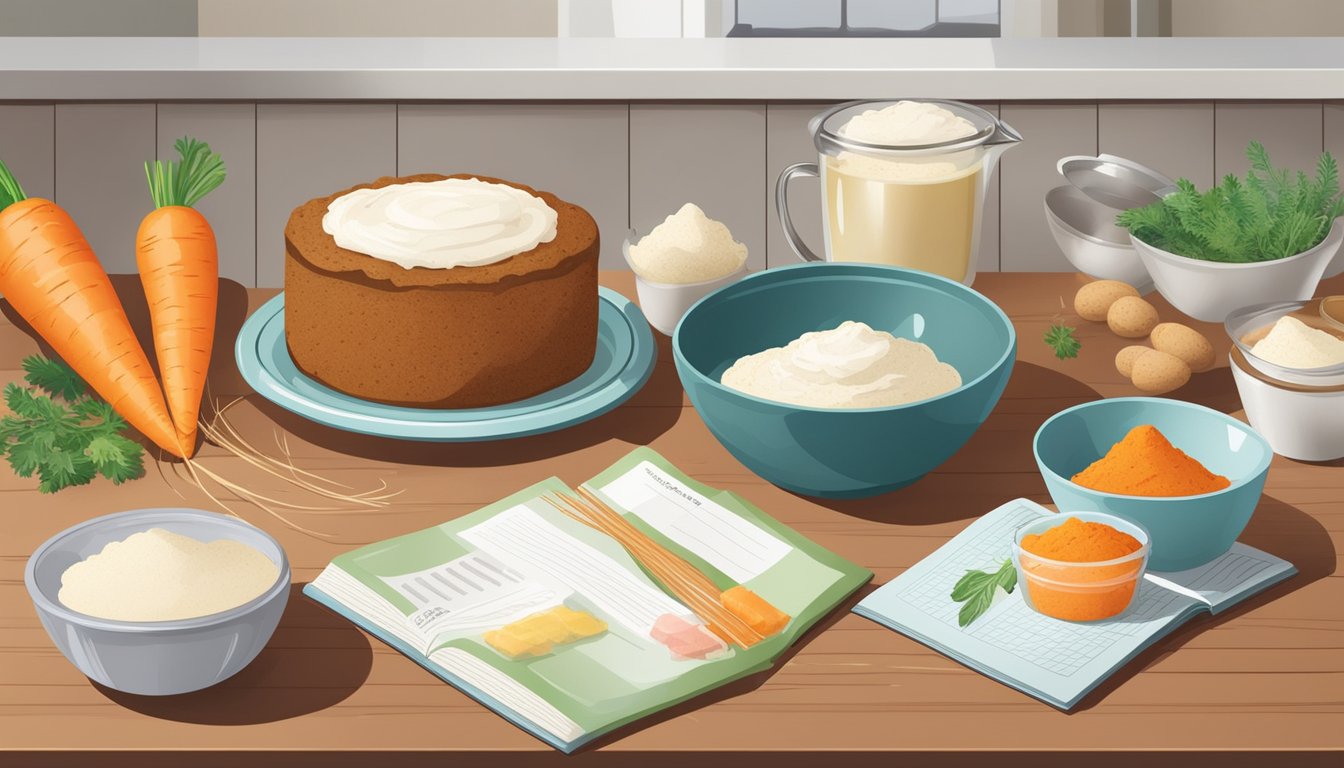 A kitchen counter with ingredients for carrot cake, including carrots, flour, and a mixing bowl. A recipe book open to a page on vegan baking