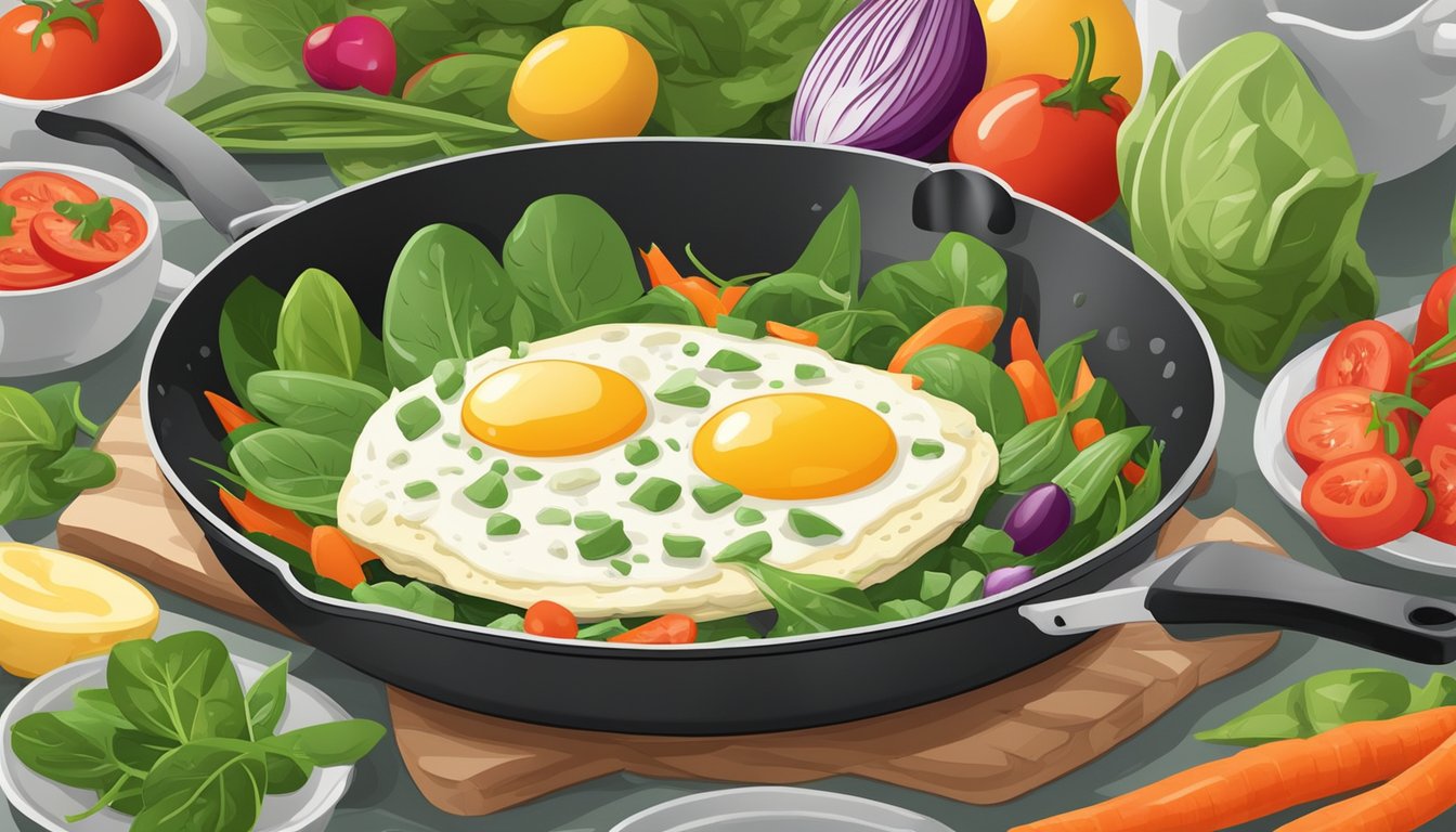 An egg white omelet sizzling on a non-stick pan, surrounded by fresh spinach leaves and a variety of colorful vegetables